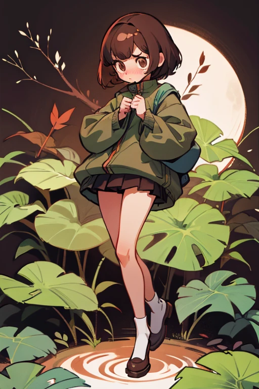 embarrassed girl with dark brown short hair, covering with little leafs ,full body