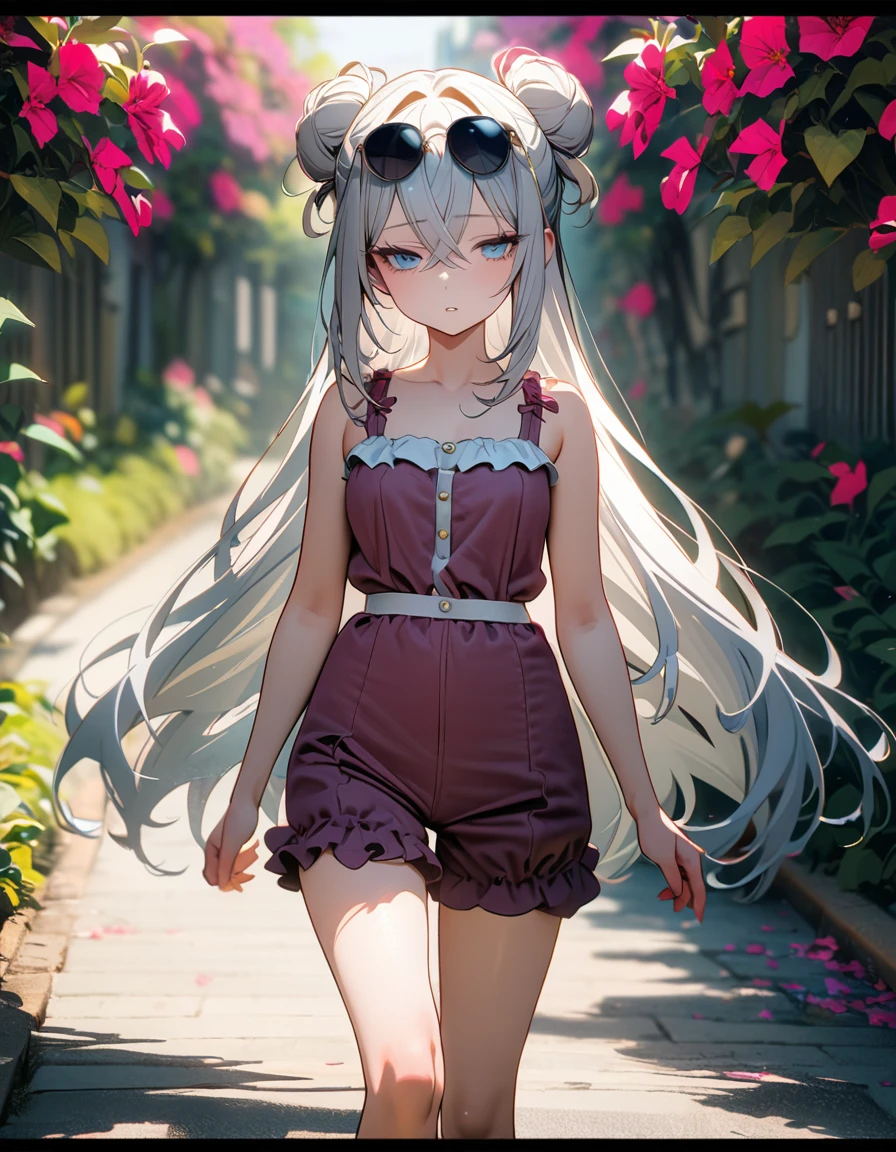 (8K, best quality, master piece: 1.2),super high resolution,1 girl,solo,18yo,ultra-detailed face,detailed eyes,half-closed eyes,1 bun hairstyle and extra long straight hair,silver hair,crossed bangs,sunglasses on head,lash extension,parted lips,blue eyes,frilled magenta rompers,Walking,looking away,Sunlight,Bougainvillea in full bloom on the Tragara Path