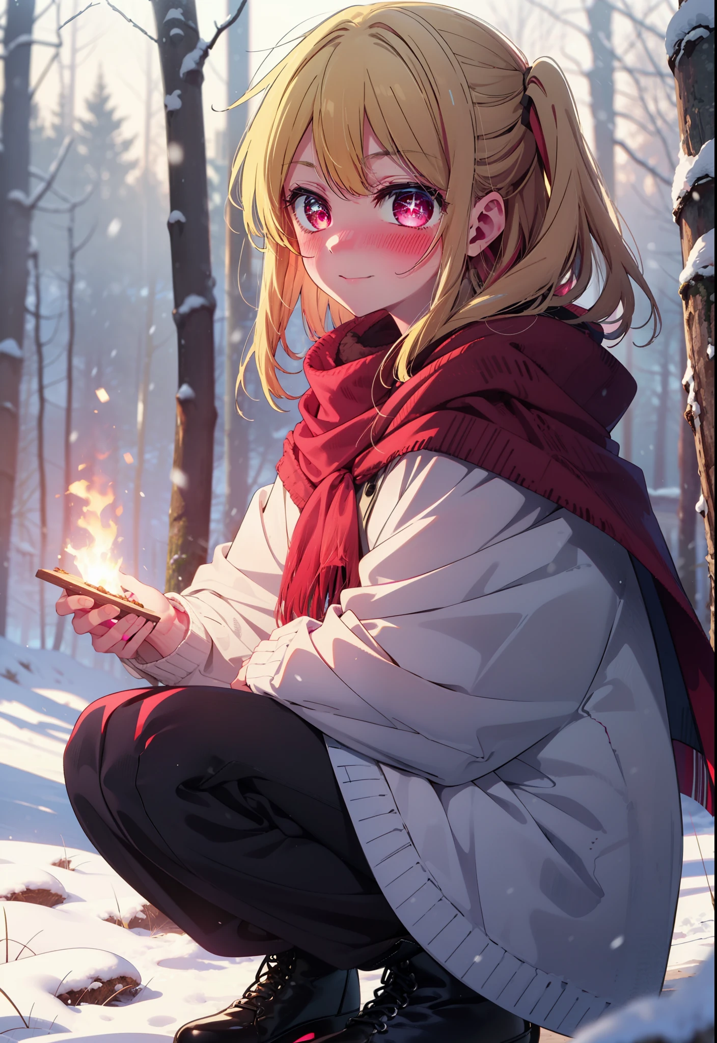 rubyhoshino, Hoshino Ruby, Long Hair, bangs, blonde, (Pink Eyes:1.3), Side Lock, (Symbol-shaped pupil:1.5), Multicolored Hair, Two-tone hair, smile,,smile,blush,white breath,
Open your mouth,snow,Ground bonfire, Outdoor, boots, snowing, From the side, wood, suitcase, Cape, Blurred, , forest, White handbag, nature,  Squat, Mouth closed, Cape, winter, Written boundary depth, Black shoes, red Cape break looking at viewer, Upper Body, whole body, break Outdoor, forest, nature, break (masterpiece:1.2), Highest quality, High resolution, unity 8k wallpaper, (shape:0.8), (Beautiful and beautiful eyes:1.6), Highly detailed face, Perfect lighting, Highly detailed CG, (Perfect hands, Perfect ???????),