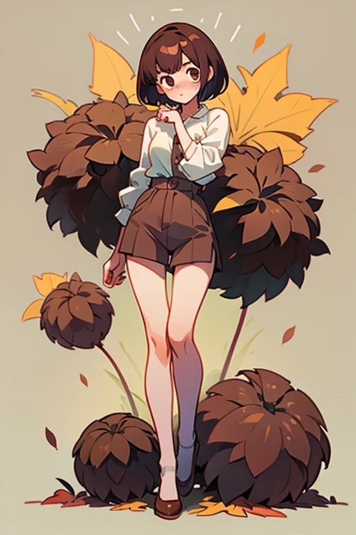 embarrassed girl with dark brown short hair, dressed only with little leafs ,full body