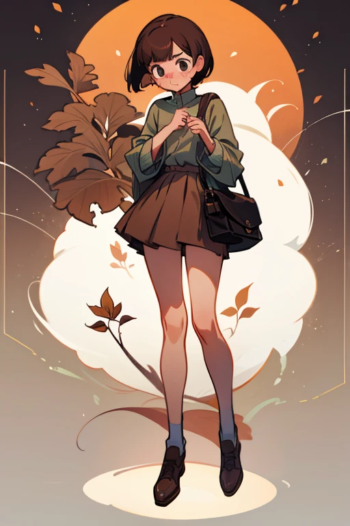embarrassed girl with dark brown short hair, dressed only with little leafs ,full body