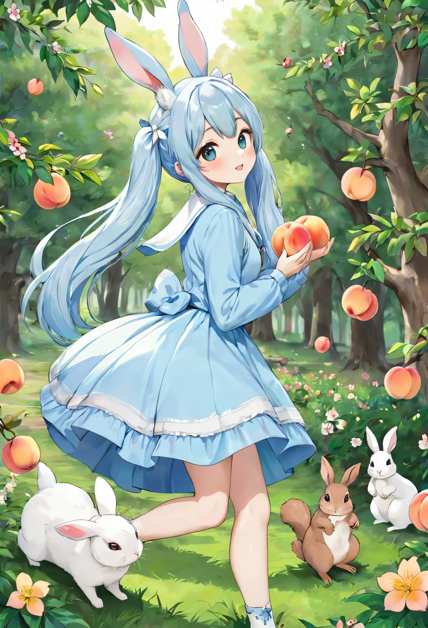 不思議の国のアsquirrel　Light blue long hair　beautiful girl with twin tails　Deep in the forest　running　A lot of beautiful flowers　There are many peaches on the peach tree、Many animals are watching　squirrel　Rabbit、squirrelやRabbit達と桃を食べている