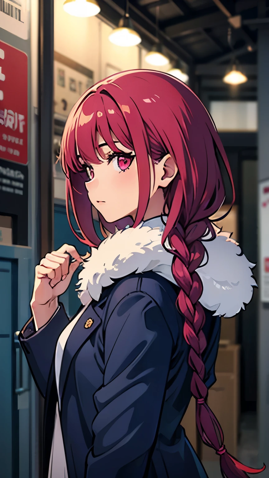 1girl, magenta long braid hair, fur dark blue jacket