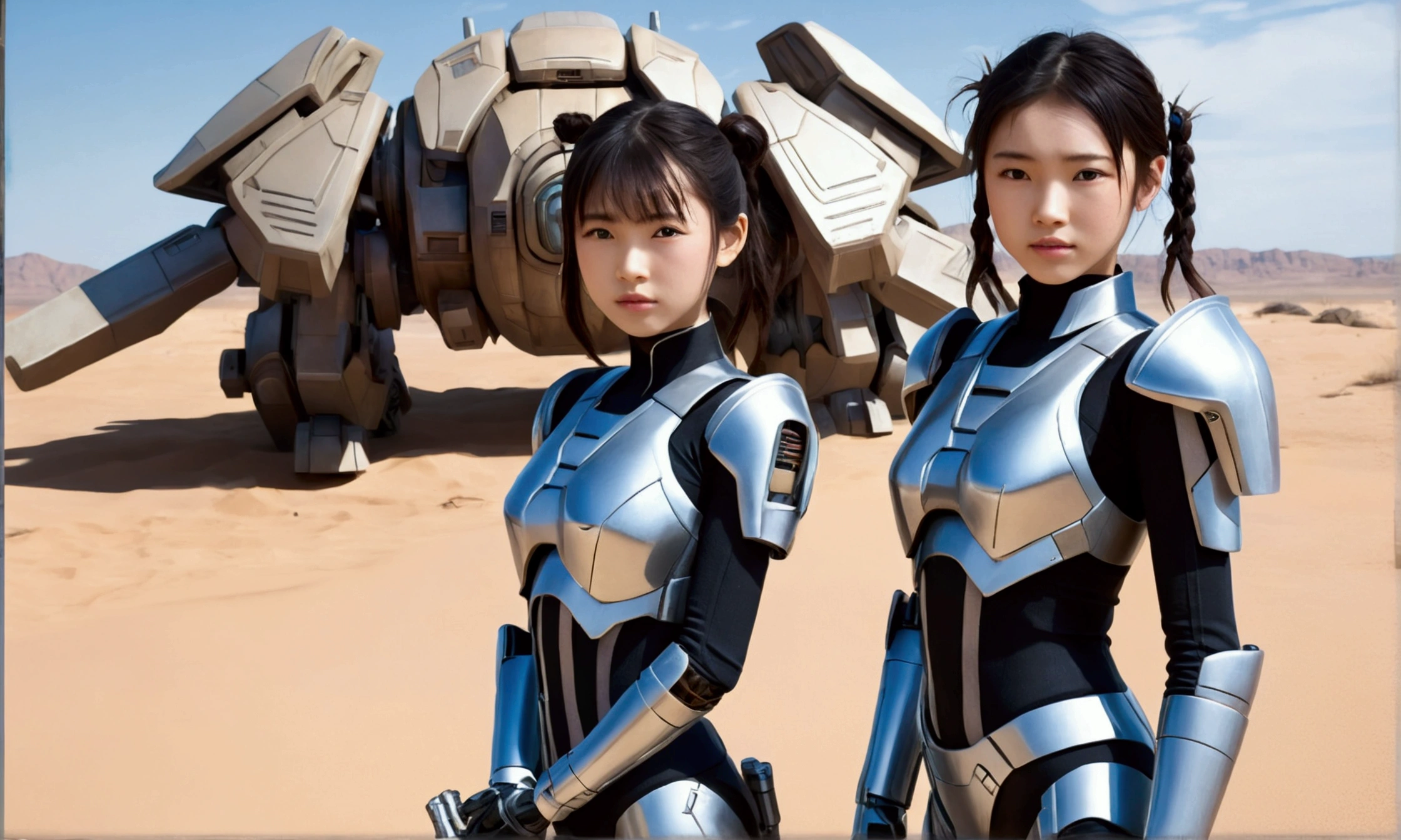 A 13-year-old cute Japanese girl with a slim figure, twin ponytails, wearing a tight metal mecha suit, in the desert, holding a lightsaber, with a mecha robot behind her, game CG, realistic, movie like visuals
