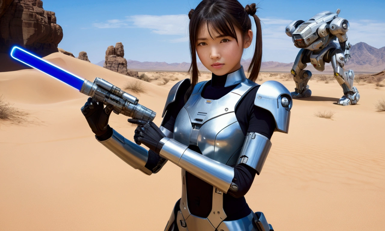 A 13-year-old cute Japanese girl with a slim figure, twin ponytails, wearing a tight metal mecha suit, in the desert, holding a lightsaber, with a mecha robot behind her, game CG, realistic, movie like visuals