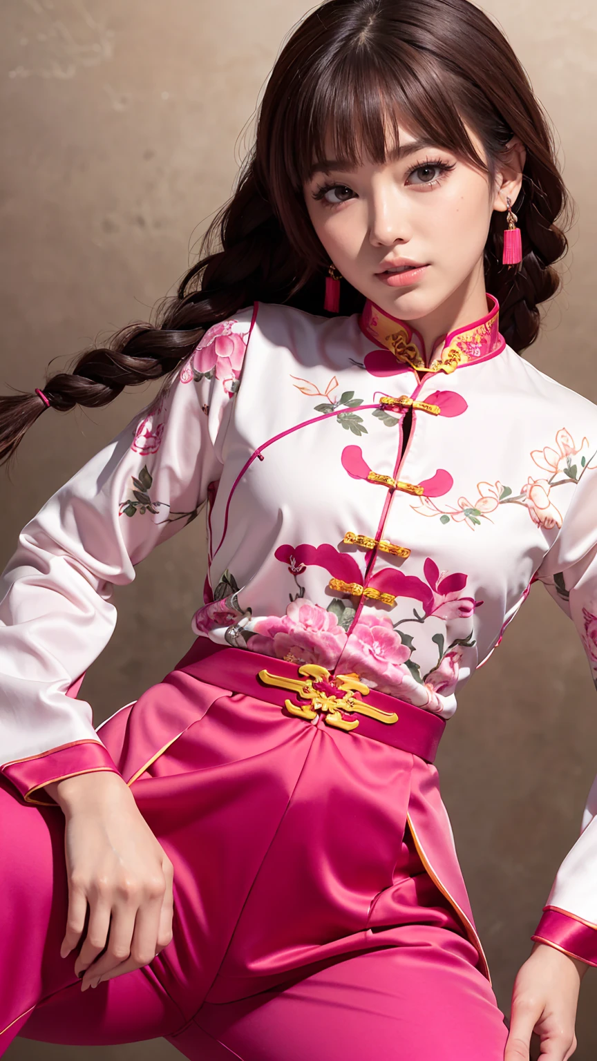 Mucha style, Chinese Design, Realistic, masterpiece, Highest quality, Highest Resolution, Anatomically correct, Accurate Anatomy, One Japanese woman, Smile and show your teeth a little., Fine and beautiful eyes, Sparkling eyes, Thin eyebrows, Gives lashes a delicate finish, False eyelashes, (Chinese traditional makeup:1.2), (Braided hair, Blunt bangs, Brown Hair:1.2), Detailed face, Sharp Eyes, (Classic pink cheongsam, Pink kung fu pants style, A little fantastic:1.3), (Thick thighs:1.3), Photo taken from the thigh up, Blank background in warm colors