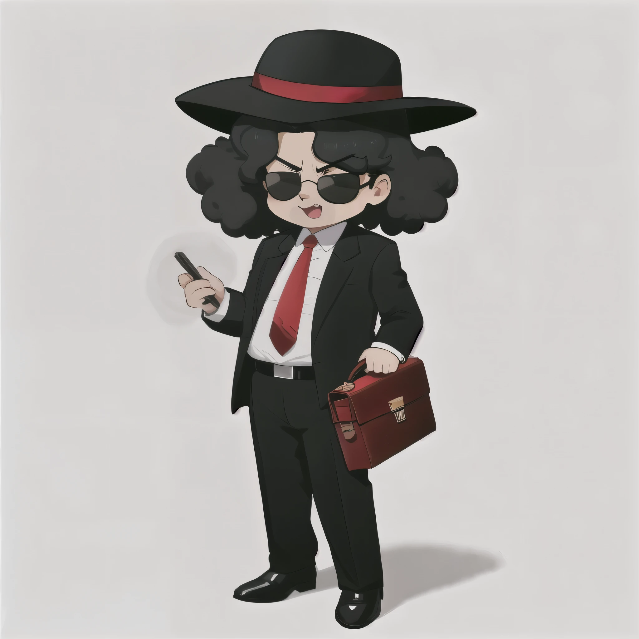 Draw a Cartoon-style character inspired by a mysterious salesman. He must wear a wide-brimmed black hat with a white stripe, sunglasses, have voluminous afro hair, and a black suit with a red shirt. Include a yellow tie and a gray briefcase in your hands. The character must have a confident and charismatic expression smiling, similar to Michael Jackson, open hand