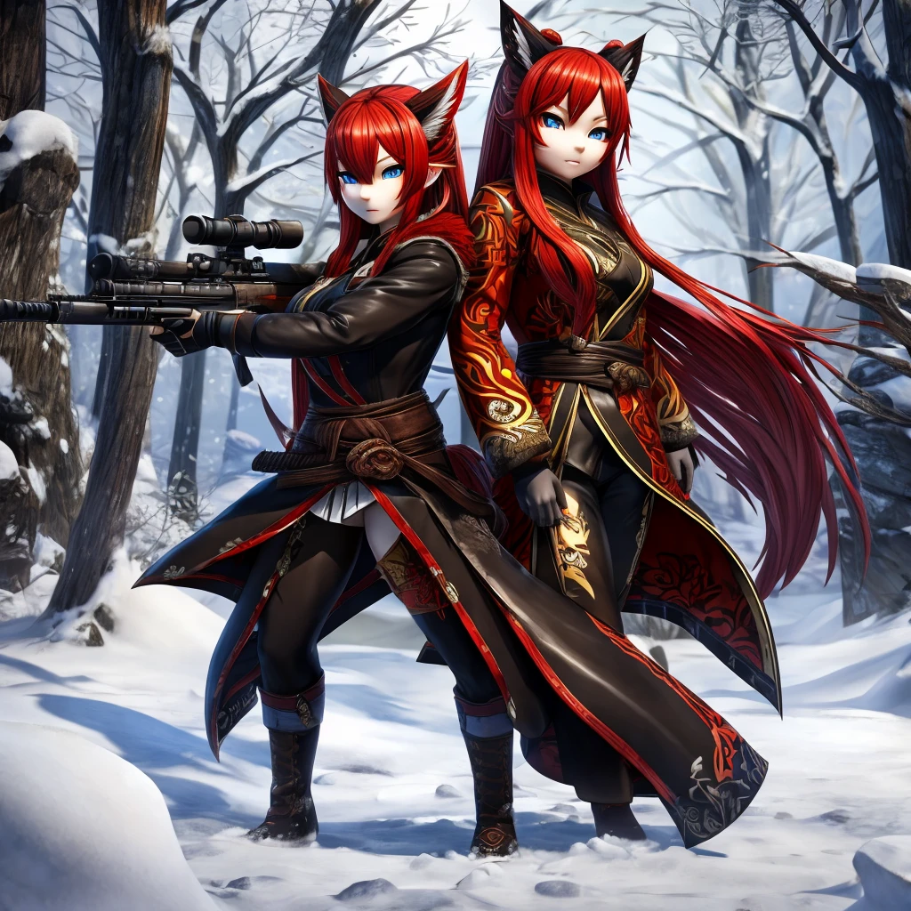 Hunting girl holding a rifle in snow battle pose,oriental-like,Blade and soul,InkStyle,long redhead hair,leather and fur coat,chilly,work of art,3d,4K,detailded,realisitic