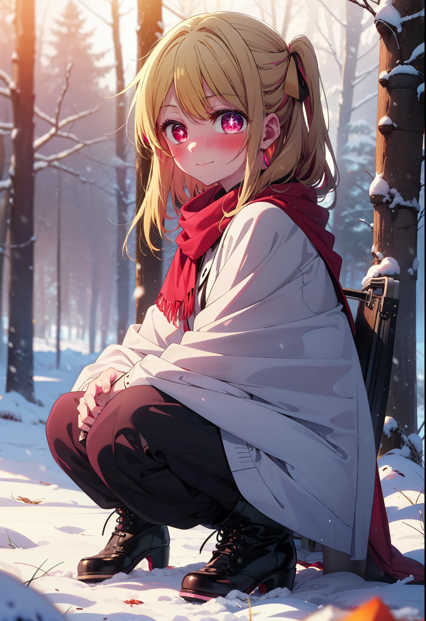 rubyhoshino, Hoshino Ruby, Long Hair, bangs, blonde, (Pink Eyes:1.3), Side Lock, (Symbol-shaped pupil:1.5), Multicolored Hair, Two-tone hair, smile,,smile,blush,white breath,
Open your mouth,snow,Ground bonfire, Outdoor, boots, snowing, From the side, wood, suitcase, Cape, Blurred, , forest, White handbag, nature,  Squat, Mouth closed, Cape, winter, Written boundary depth, Black shoes, red Cape break looking at viewer, Upper Body, whole body, break Outdoor, forest, nature, break (masterpiece:1.2), Highest quality, High resolution, unity 8k wallpaper, (shape:0.8), (Beautiful and beautiful eyes:1.6), Highly detailed face, Perfect lighting, Highly detailed CG, (Perfect hands, Perfect ???????),