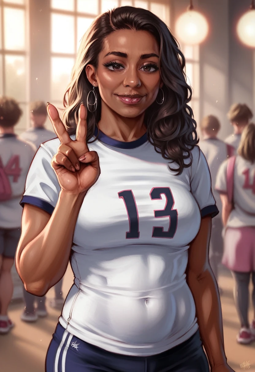 a dark-skinned mature woman, plump figure, wearing a sports uniform, visible belly, peace sign hand gesture, dramatic shadows, (best quality,4k,8k,highres,masterpiece:1.2),ultra-detailed,(realistic,photorealistic,photo-realistic:1.37),HDR,UHD,studio lighting,ultra-fine painting,sharp focus,physically-based rendering,extreme detail description,professional,vivid colors,bokeh,portrait