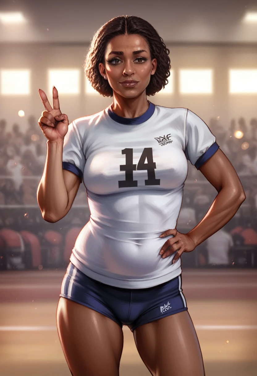 a dark-skinned mature woman, plump figure, wearing a sports uniform, visible belly, peace sign hand gesture, dramatic shadows, (best quality,4k,8k,highres,masterpiece:1.2),ultra-detailed,(realistic,photorealistic,photo-realistic:1.37),HDR,UHD,studio lighting,ultra-fine painting,sharp focus,physically-based rendering,extreme detail description,professional,vivid colors,bokeh,portrait