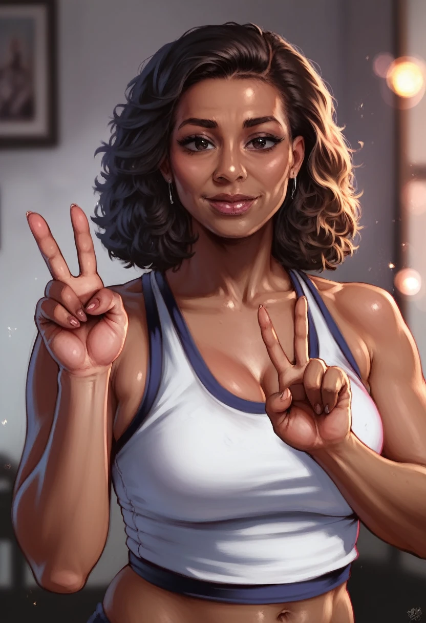 a dark-skinned mature woman, plump figure, wearing a sports uniform, visible belly, peace sign hand gesture, dramatic shadows, (best quality,4k,8k,highres,masterpiece:1.2),ultra-detailed,(realistic,photorealistic,photo-realistic:1.37),HDR,UHD,studio lighting,ultra-fine painting,sharp focus,physically-based rendering,extreme detail description,professional,vivid colors,bokeh,portrait