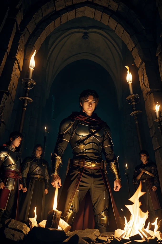  Anime style drawing Description: dark night, a ritualistic altar lit by torches. The Hero, Kael, is tied in the center, surrounded by the Mighty Knights. Narration: "In a world where strength defines destiny, Kael, considered weak, is offered as a sacrifice to increase the power of Mighty Knights."
