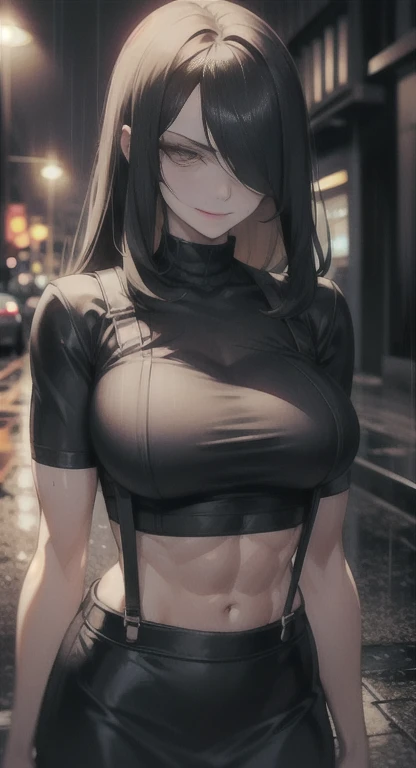 Sweating, Black hair, Cynthia, rainstorm, Cynthia covered in rain, looking at viewer psychotically, creepy smirk, crop top, leather skirt, suspenders, home, toned muscles, sidewalk,