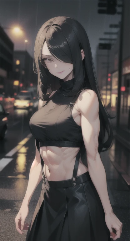 Sweating, Black hair, Cynthia, rainstorm, Cynthia covered in rain, looking at viewer psychotically, creepy smirk, crop top, leather skirt, suspenders, home, toned muscles, sidewalk,