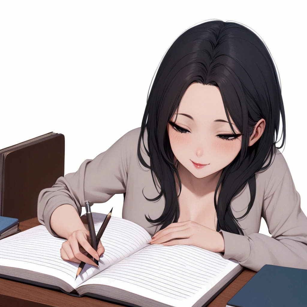 Girl, large forehead, black hair, smiling, black eyes, half-closed eyes, seductive, pencil, book, cheeky studying, studying