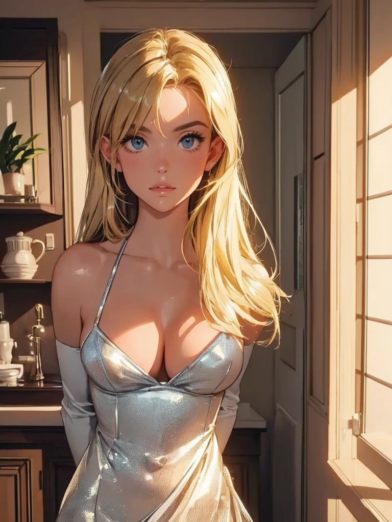 (best quality: 1.2), clean face, (masterpiece: 1.2, 8k) perfect anatomy, 1 girl) a beautiful fashion model ,(masterpiece, official art, best quality shiny hair, blonde hair with streaks in hair, full lips, big breasts, slutty outfit, cleavage, shiny breasts,shiny skin, looking at viewer, (slave dancer outfit), long abdomen, horizontal, lounging, a single girl