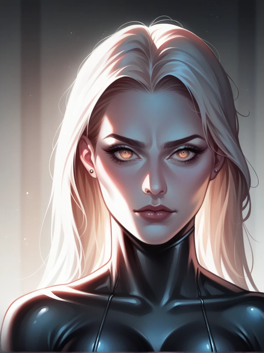 a woman in a black latex catsuit, body curves, seductive pose, 90s aesthetic, dark and moody, high contrast lighting, cinematic, dramatic composition, chiaroscuro lighting, photorealistic, incredibly detailed, masterpiece, ultra-detailed, 8k, hyper-realistic, dramatic lighting, intricate details, high quality, sharp focus, glossy leather, smooth skin, piercing eyes, sultry expression, , provocative, femme fatale, dark and mysterious, cinematic composition, film noir s, moody atmosphere, vintage inspired, timeless elegance