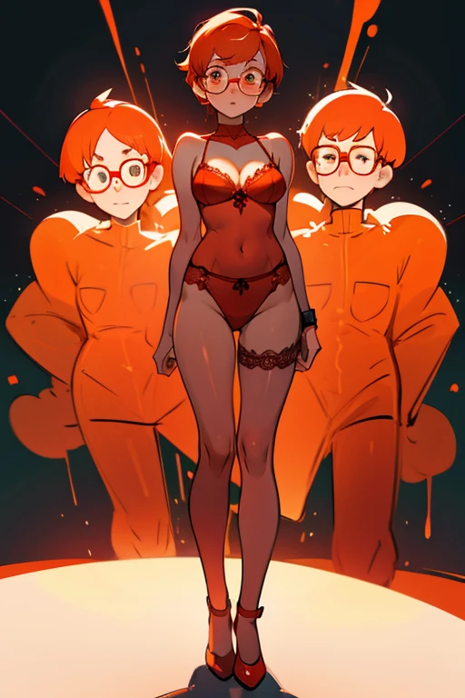 Really embarrassed girl with orange short hair and glasses, in red lingerie covering ,full body