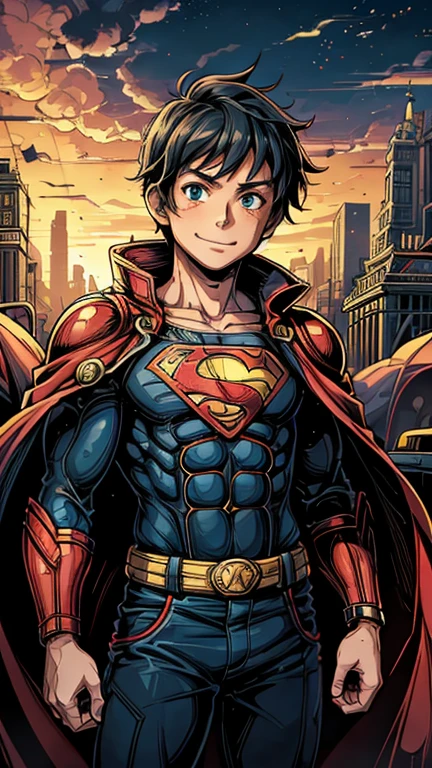 (8k),(masterpiece),(Japanese),(-yeld bo((innocent look)),((Childish)),From the front,Cowboy shot, upper body, smile,cute,Innocent,Kind eyes,Flat chest, DC Superman superhero, red cape, short,Hair blowing in the wind, Black Hair,Strong wind,midnight,dark, pitch black,steampunkai Metropolis City,