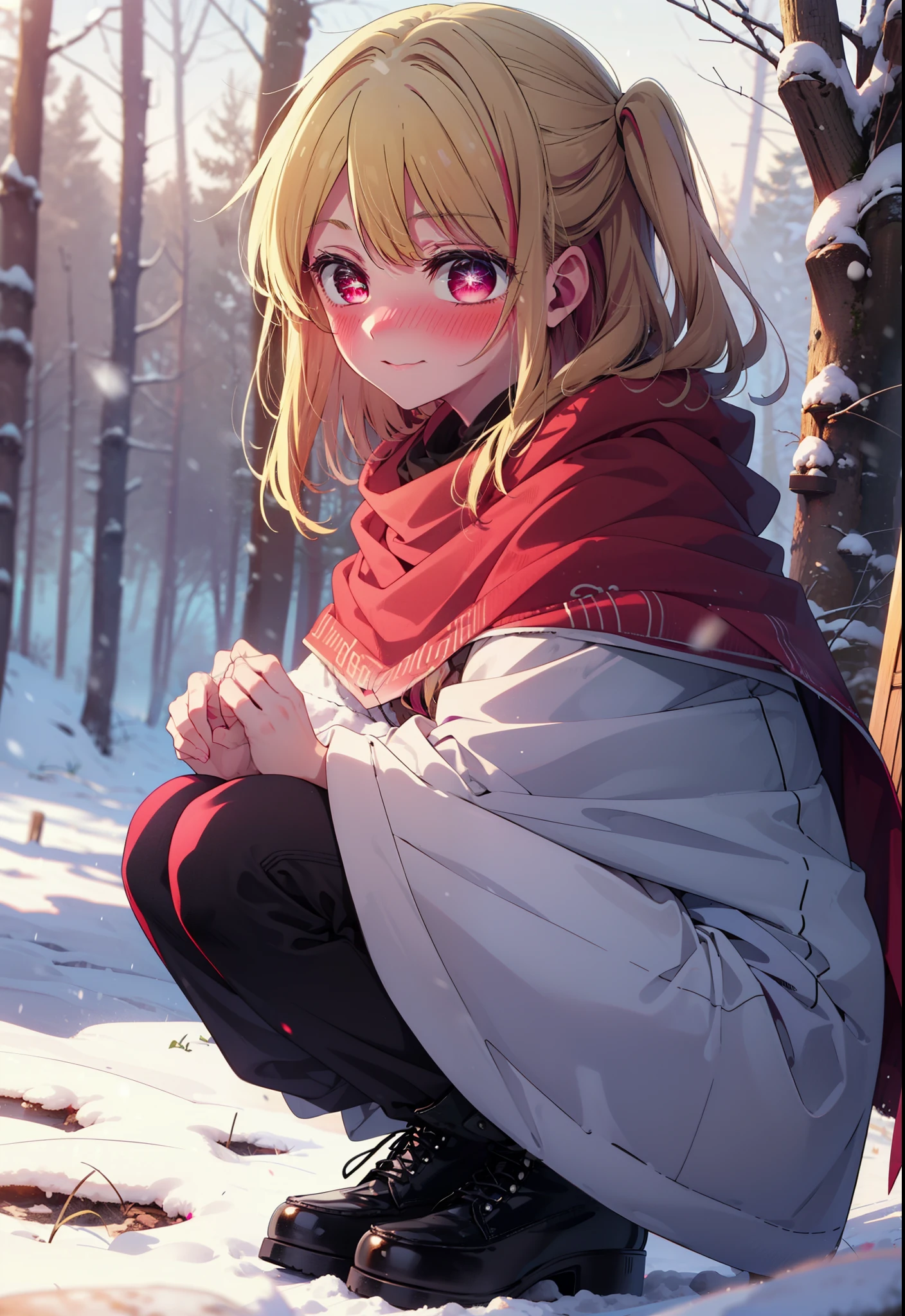 rubyhoshino, Hoshino Ruby, Long Hair, bangs, blonde, (Pink Eyes:1.3), Side Lock, (Symbol-shaped pupil:1.5), Multicolored Hair, Two-tone hair, smile,,smile,blush,white breath,
Open your mouth,snow,Ground bonfire, Outdoor, boots, snowing, From the side, wood, suitcase, Cape, Blurred, , forest, White handbag, nature,  Squat, Mouth closed, Cape, winter, Written boundary depth, Black shoes, red Cape break looking at viewer, Upper Body, whole body, break Outdoor, forest, nature, break (masterpiece:1.2), Highest quality, High resolution, unity 8k wallpaper, (shape:0.8), (Beautiful and beautiful eyes:1.6), Highly detailed face, Perfect lighting, Highly detailed CG, (Perfect hands, Perfect Anatomy),