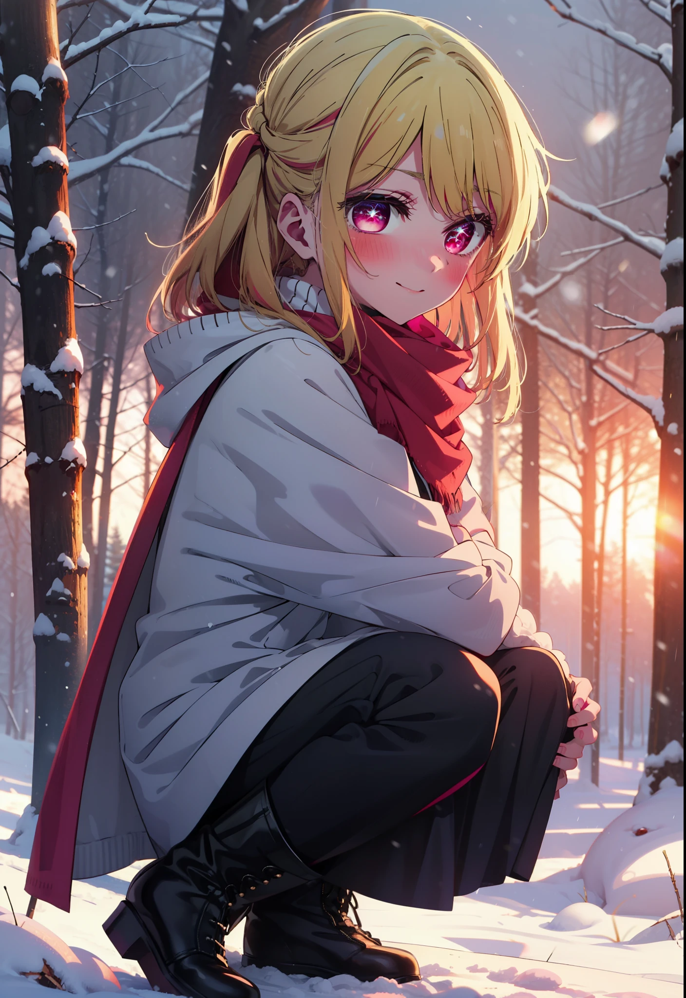 rubyhoshino, Hoshino Ruby, Long Hair, bangs, blonde, (Pink Eyes:1.3), Side Lock, (Symbol-shaped pupil:1.5), Multicolored Hair, Two-tone hair, smile,,smile,blush,white breath,
Open your mouth,snow,Ground bonfire, Outdoor, boots, snowing, From the side, wood, suitcase, Cape, Blurred, , forest, White handbag, nature, Squat, Mouth closed, Cape, winter, Written boundary depth, Black shoes, red Cape break looking at viewer, Upper Body, whole body, break Outdoor, forest, nature, break (masterpiece:1.2), Highest quality, High resolution, unity 8k wallpaper, (shape:0.8), (Beautiful and beautiful eyes:1.6), Highly detailed face, Perfect lighting, Highly detailed CG, (Perfect hands, Perfect Anatomy),