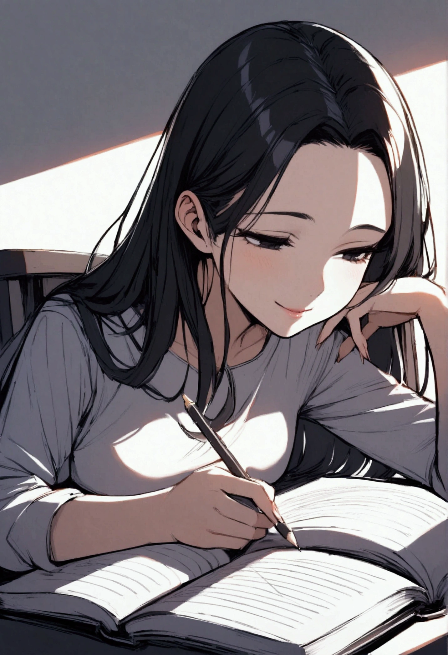 Girl, large forehead, black hair, smiling, black eyes, half-closed eyes, seductive, pencil, book, cheeky studying, studying