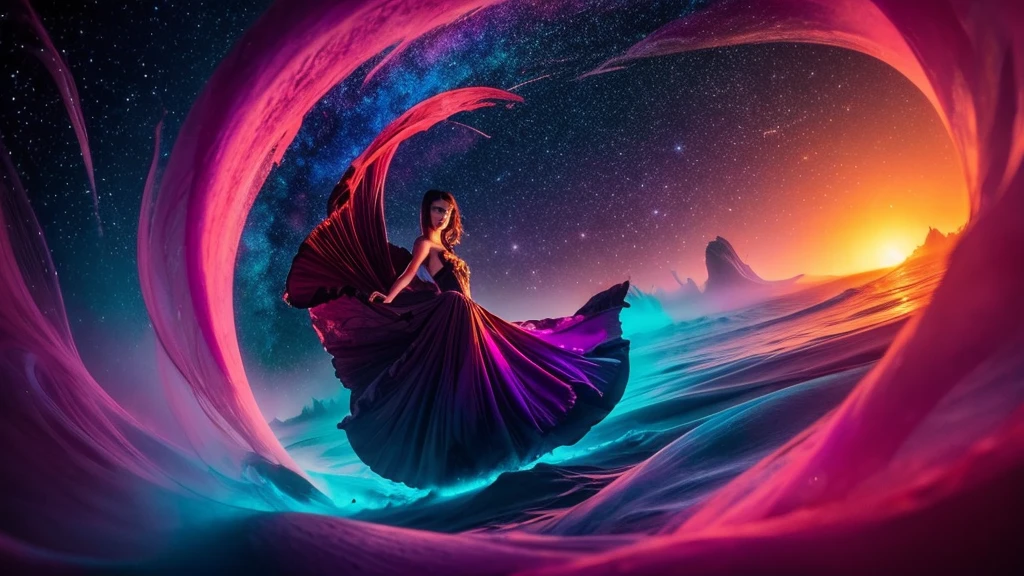 Enter a hidden realm, veiled in enigmatic shadows, where an otherworldly butterfly gracefully dances in mesmerizing allure. Its wings, shrouded in depths unknown, radiate with surreal hues reminiscent of a vivid dreamscape—think fiery pink, deep purples, and shimmering golds, evoking the intense palette of a sunset over an alien landscape. Against the backdrop of a nebulous cosmos, these colors cast an eerie and captivating glow. Amidst the swirling mists of distant galaxies,