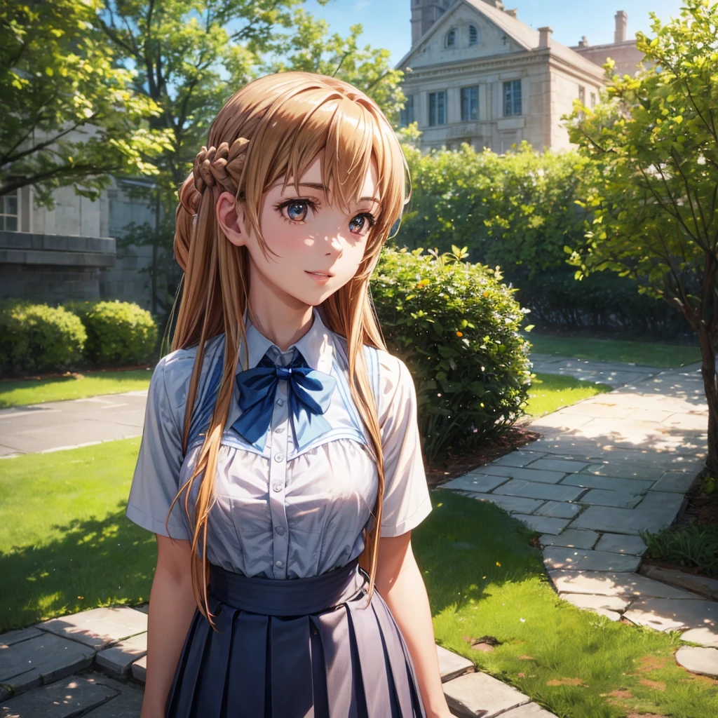 (masterpiece:1.3, top-quality, ultra high res, ultra detailed), (realistic, photorealistic:1.4), beautiful illustration, perfect lighting, natural lighting, colorful, depth of fields, surrealism,
beautiful detailed hair, beautiful detailed face, beautiful detailed eyes, beautiful clavicle, beautiful body, beautiful chest, beautiful thigh, beautiful legs, beautiful hands,
looking at viewer, (cowboy shot), 1 girl, yuuki asuna, (perfect hands, perfect anatomy, anatomically correct), cute and symmetrical face, babyface, perfect face, perfect eyes, slender,
(long hair, straight hair, braided bangs, light brown hair), hair between eyes, orange eye, big eyes, long eye lasher, (medium breasts), white skin, shiny skin, outstanding style,
(detailed cloth texture, short sleeve light blue collared shirt, navy pleated skirt, blue bow tie),
(beautiful scenery), daylight, (city), standing, (versatile sexy poses), (lovely smile, upper eyes, parted lips),