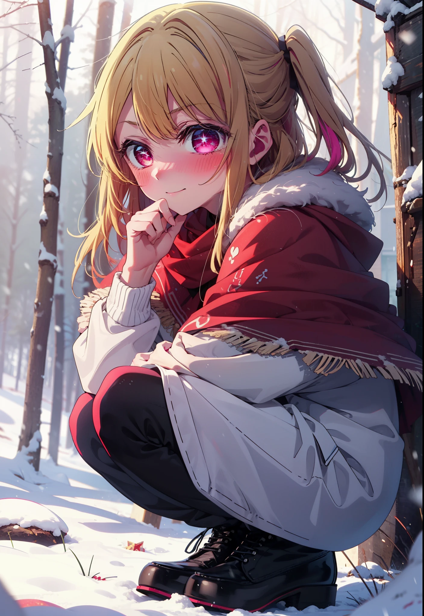 rubyhoshino, Hoshino Ruby, Long Hair, bangs, blonde, (Pink Eyes:1.3), Side Lock, (Symbol-shaped pupil:1.5), Multicolored Hair, Two-tone hair, smile,,smile,blush,white breath,
Open your mouth,snow,Ground bonfire, Outdoor, boots, snowing, From the side, wood, suitcase, Cape, Blurred, , forest, White handbag, nature,  Squat, Mouth closed, Cape, winter, Written boundary depth, Black shoes, red Cape break looking at viewer, Upper Body, whole body, break Outdoor, forest, nature, break (masterpiece:1.2), Highest quality, High resolution, unity 8k wallpaper, (shape:0.8), (Beautiful and beautiful eyes:1.6), Highly detailed face, Perfect lighting, Highly detailed CG, (Perfect hands, Perfect Anatomy),