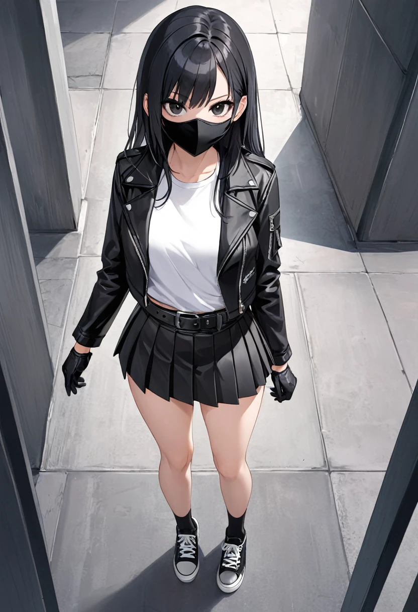 Black miniskirt , Black sneakers , white t-shirt , Black leather jacket , pleated skirt , Leather skirt , whole body , thighs , black hair , black eyes , straight hair , long sleeves , bare legs , View from above , Black gloves , standing posture , black mask , waist belt , stockings