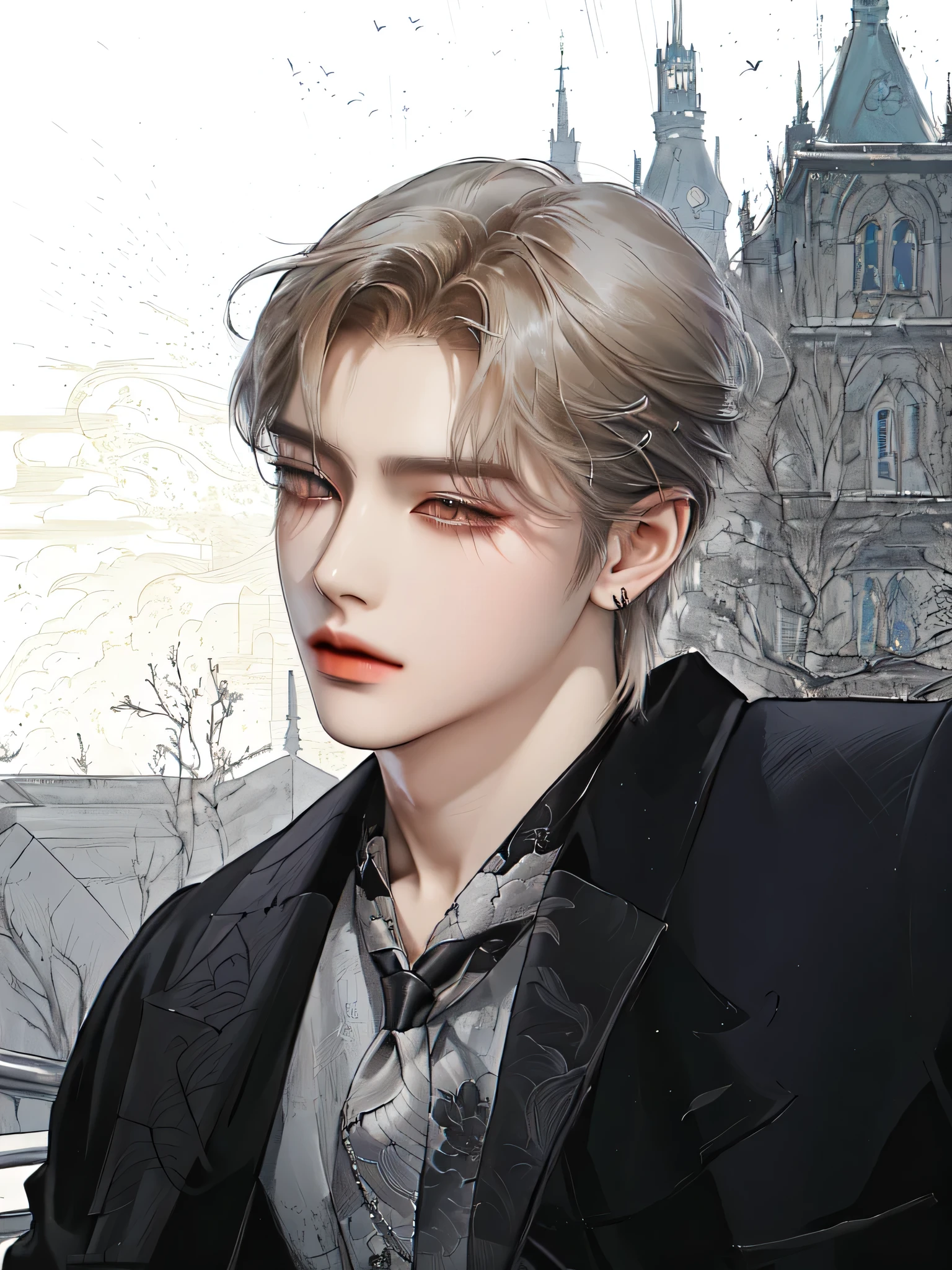 there is a man with a tie and a suit jacket, cai xukun, johan liebert mixed with alucard, handsome guy in demon slayer art, inspired by Yanjun Cheng, portrait of jossi of blackpink, artwork in the style of guweiz, beautiful androgynous prince, johan liebert mixed with dante, by Yang J