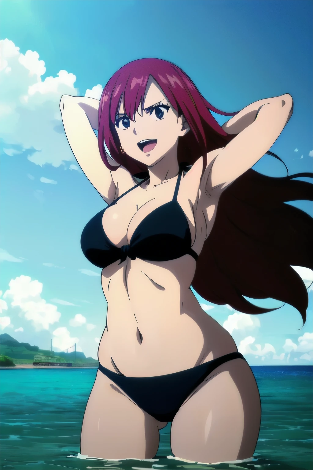 (black bikini only:1.6), groin, (vibrance:1.3), (beach during day time:1.4), (upper body:1.4)windy, ultra detailed face, perfect anatomy, (cowboy shot:1.6), from front, standing, ultra detailed body and face, (thick arms:1.6), perfect body proportions, (legs submerged in water:1.3), highest quality, 1girl, solo, (very little biceps) , smile, ERZASCARLET, BARE SHOULDERS, (big round breasts:1.2) cleavage, off-shoulder, tall girl, (long hair:1.7), (free flowing hair:1.4), (floating hair:1.7), ultra detailed red hair, open mouth, big eyes, long belly, wide shoulders, beach, For the image quality, please prioritize (best quality, highres, masterpiece:1.8), itional prefixes
