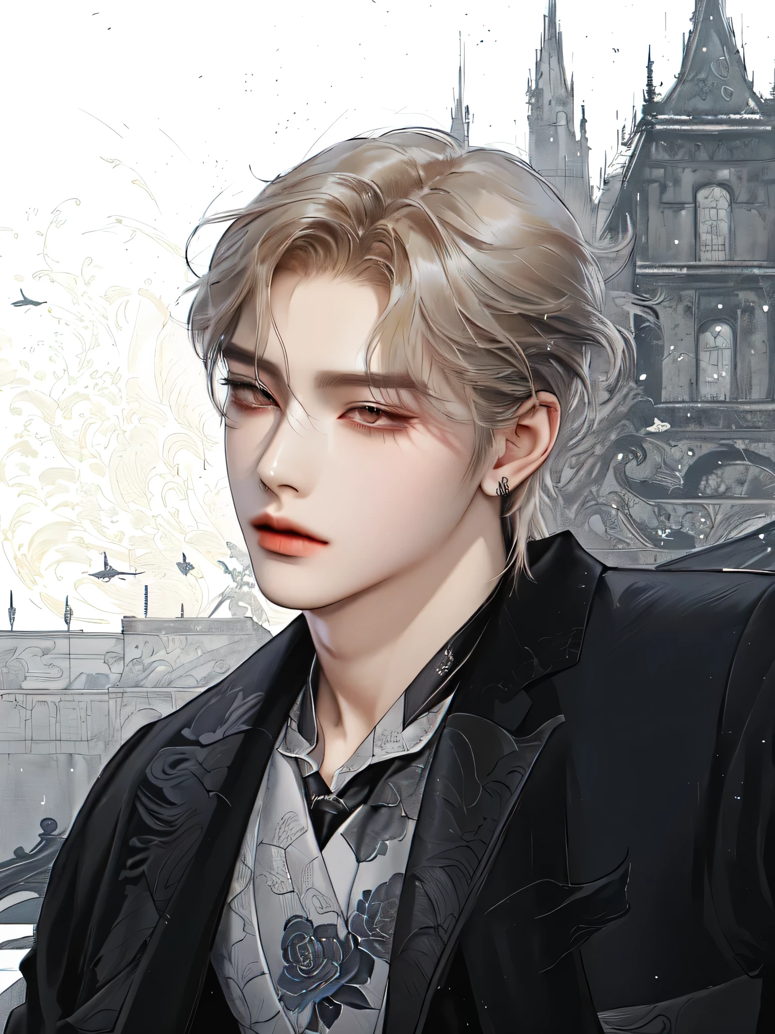 there is a man with a tie and a suit jacket, cai xukun, johan liebert mixed with alucard, handsome guy in demon slayer art, inspired by Yanjun Cheng, portrait of jossi of blackpink, artwork in the style of guweiz, beautiful androgynous prince, johan liebert mixed with dante, by Yang J