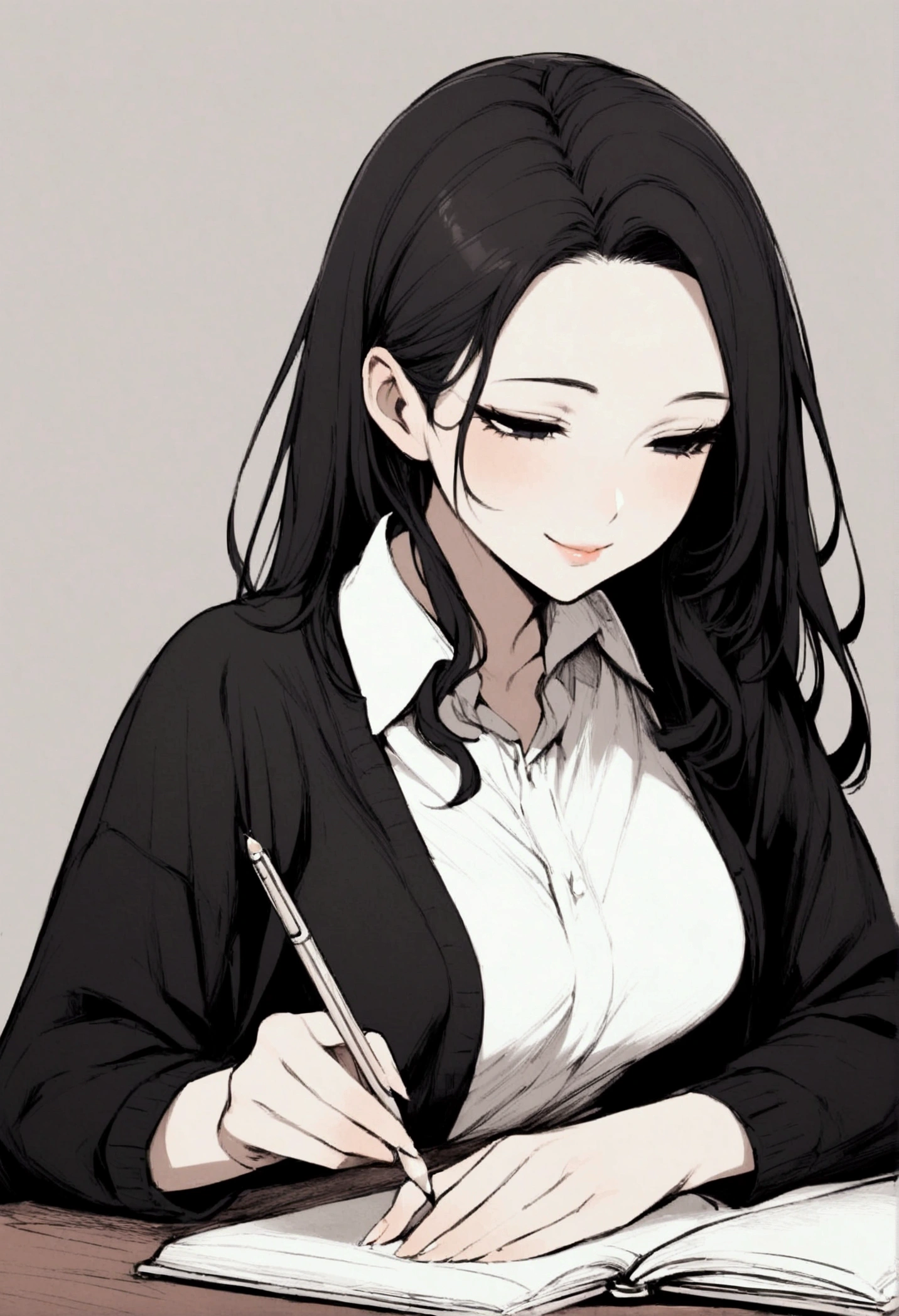 Girl, large forehead, black hair, smiling, black eyes, half-closed eyes, seductive, pencil, book, cheeky studying, studying, feminine, beautiful, suggestive