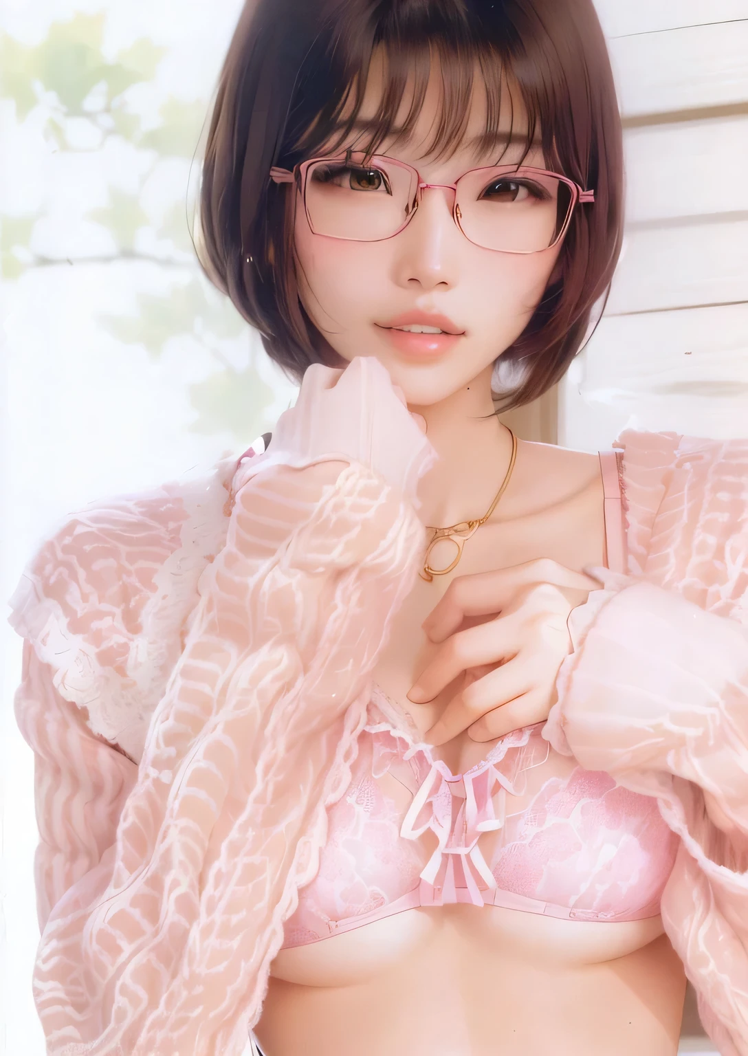 a close-up of a woman wearing glasses and a pink bra, with glasses, ayami kojima amano, Chiho, with glasses quadrados, with glasses on, Beautiful Delfina, kiko mizuhara, Yoshitomo Nara, sayori, takada akemi, chiho ashima, Yasumoto Oka, pink glasses