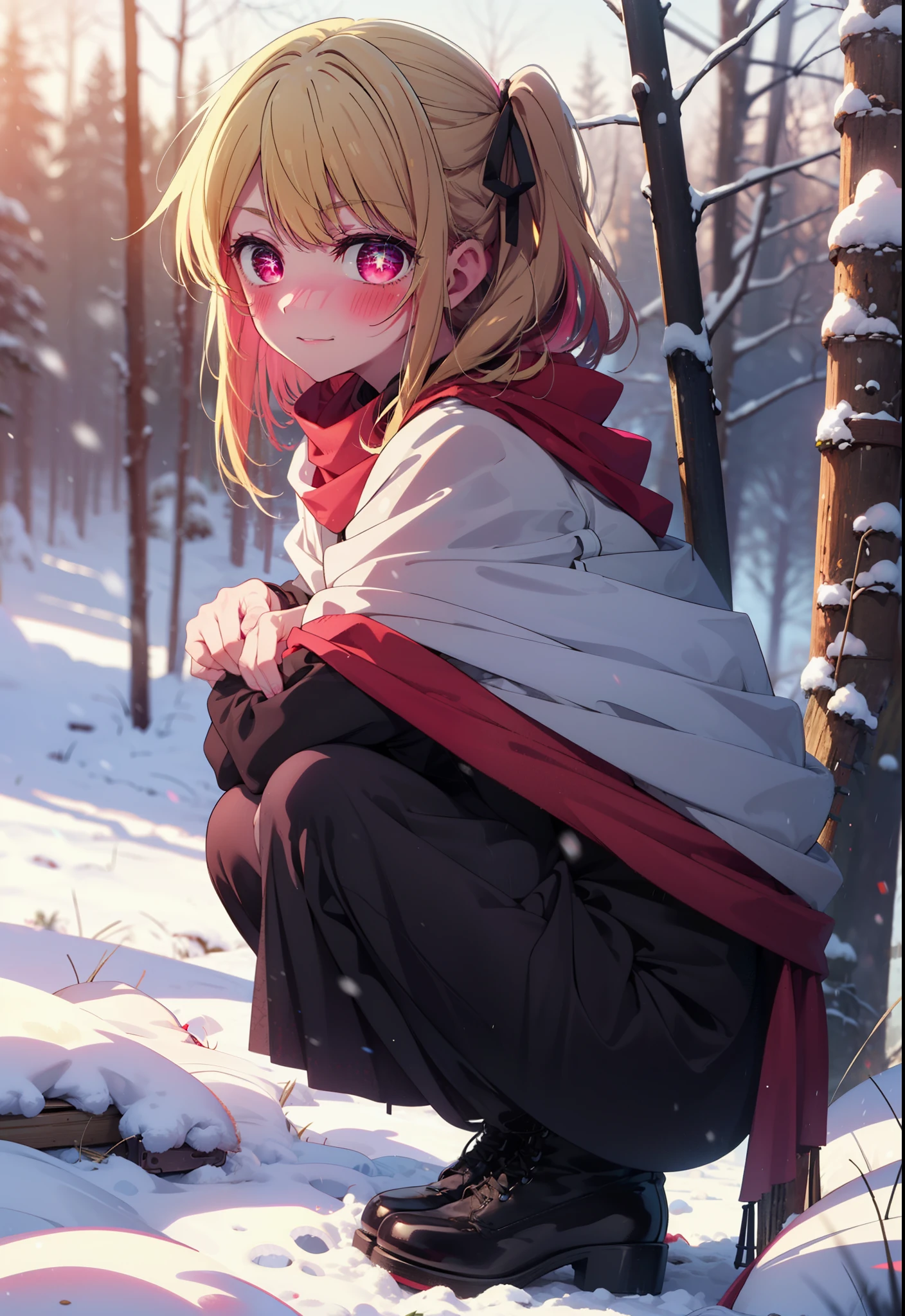 rubyhoshino, Hoshino Ruby, Long Hair, bangs, blonde, (Pink Eyes:1.3), Side Lock, (Symbol-shaped pupil:1.5), Multicolored Hair, Two-tone hair, smile,,smile,blush,white breath,
Open your mouth,snow,Ground bonfire, Outdoor, boots, snowing, From the side, wood, suitcase, Cape, Blurred, , forest, White handbag, nature, Squat, Mouth closed, Cape, winter, Written boundary depth, Black shoes, red Cape break looking at viewer, Upper Body, whole body, break Outdoor, forest, nature, break (masterpiece:1.2), Highest quality, High resolution, unity 8k wallpaper, (shape:0.8), (Beautiful and beautiful eyes:1.6), Highly detailed face, Perfect lighting, Highly detailed CG, (Perfect hands, Perfect Anatomy),