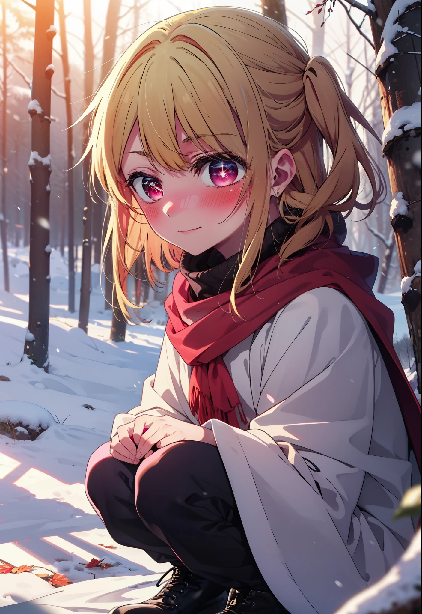 rubyhoshino, Hoshino Ruby, Long Hair, bangs, blonde, (Pink Eyes:1.3), Side Lock, (Symbol-shaped pupil:1.5), Multicolored Hair, Two-tone hair, smile,,smile,blush,white breath,
Open your mouth,snow,Ground bonfire, Outdoor, boots, snowing, From the side, wood, suitcase, Cape, Blurred, , forest, White handbag, nature, Squat, Mouth closed, Cape, winter, Written boundary depth, Black shoes, red Cape break looking at viewer, Upper Body, whole body, break Outdoor, forest, nature, break (masterpiece:1.2), Highest quality, High resolution, unity 8k wallpaper, (shape:0.8), (Beautiful and beautiful eyes:1.6), Highly detailed face, Perfect lighting, Highly detailed CG, (Perfect hands, Perfect Anatomy),