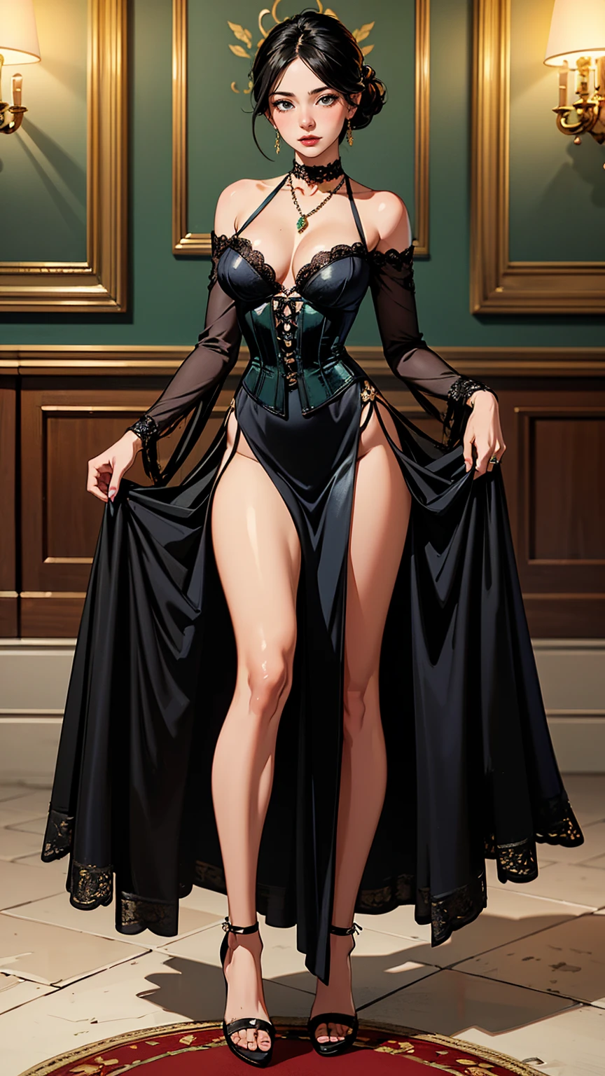 (ultra-detailed, photorealistic, best quality, 4k, highres, masterpiece:1.3), Madame Seraphina Valenforde, age 30, with long, flowing raven-black hair styled in an intricate updo adorned with jeweled pins, deep emerald green eyes, fair complexion with a small beauty mark just below her left eye, wearing a provocative and seductive outfit made from luxurious velvet and lace, featuring a plunging neckline and a corset-style bodice that accentuates her figure, the gown has sheer lace panels and a high slit in the floor-length skirt, exquisite jewelry including a choker necklace with a large emerald pendant, intricate earrings, multiple rings on her fingers, holding a delicate, lace-trimmed fan, opulent interior of her brothel in the background, rich decor, plush furnishings, warm and inviting atmosphere, reflecting her elegance, charm, and the power she wields in the city of Eldoria Prime, (intricate detail, super finely detailed hands, ultra finely detailed fingers, full body showcase, show full body).