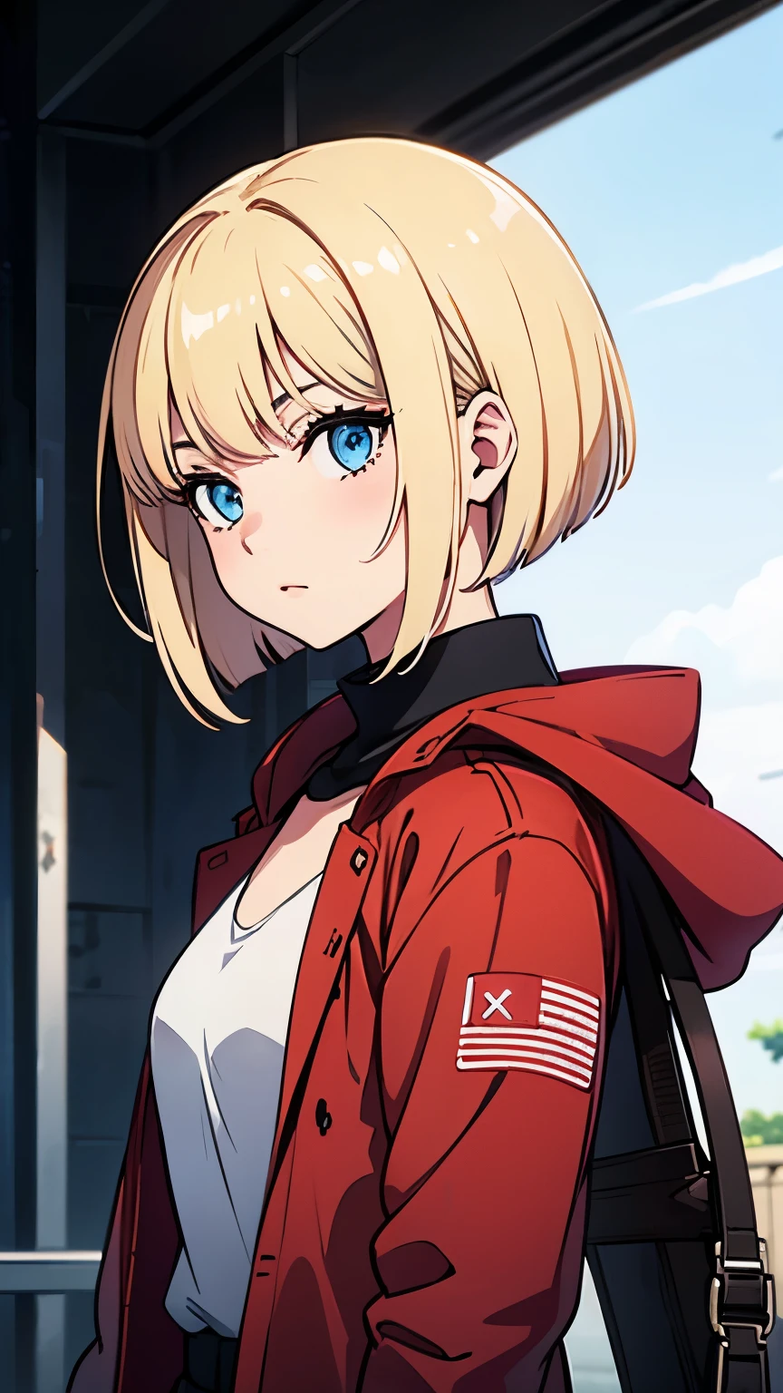 1girl, red and white jacket, blonde bob hair, junggle