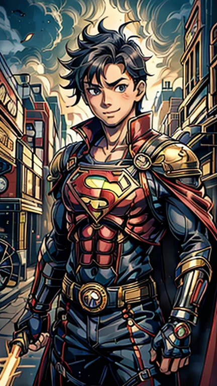 (8k),(masterpiece),(Japanese),(-yeld bo((innocent look)),((Childish)),From the front,Cowboy shot, upper body, smile,cute,Innocent,Kind eyes,Flat chest, DC Superman superhero, red cape, short,Hair blowing in the wind, Black Hair,Strong wind,midnight,dark, pitch black,steam4rmor Metropolis City,