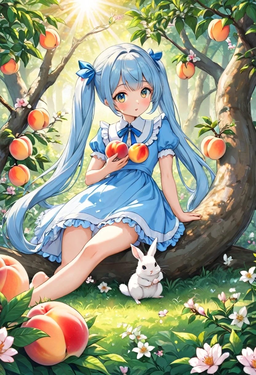 ((Highest quality)), ((masterpiece)), ((Ultra-detailed)), (Very delicate and beautiful), Light blue long hair、Beautiful girl with twin tails、Alice in Wonderland、Bright Forest、Sunlight filtering through the trees、A lot of peaches on a peach tree、Flowers at your feet々are blooming in abundance、The forest friends are watching the girl、Cute squirrels and rabbits also appear、Eating peaches with my forest friends