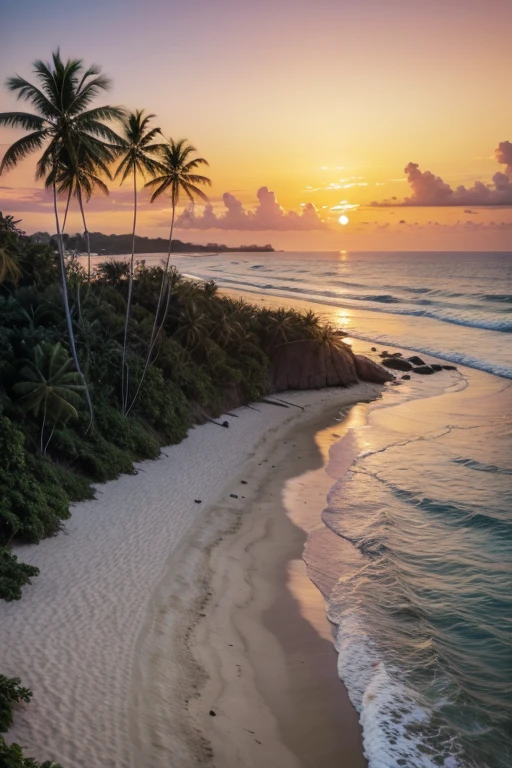 Beautiful Brazilian beach with magnificent sunset with coconut trees happy quiet people