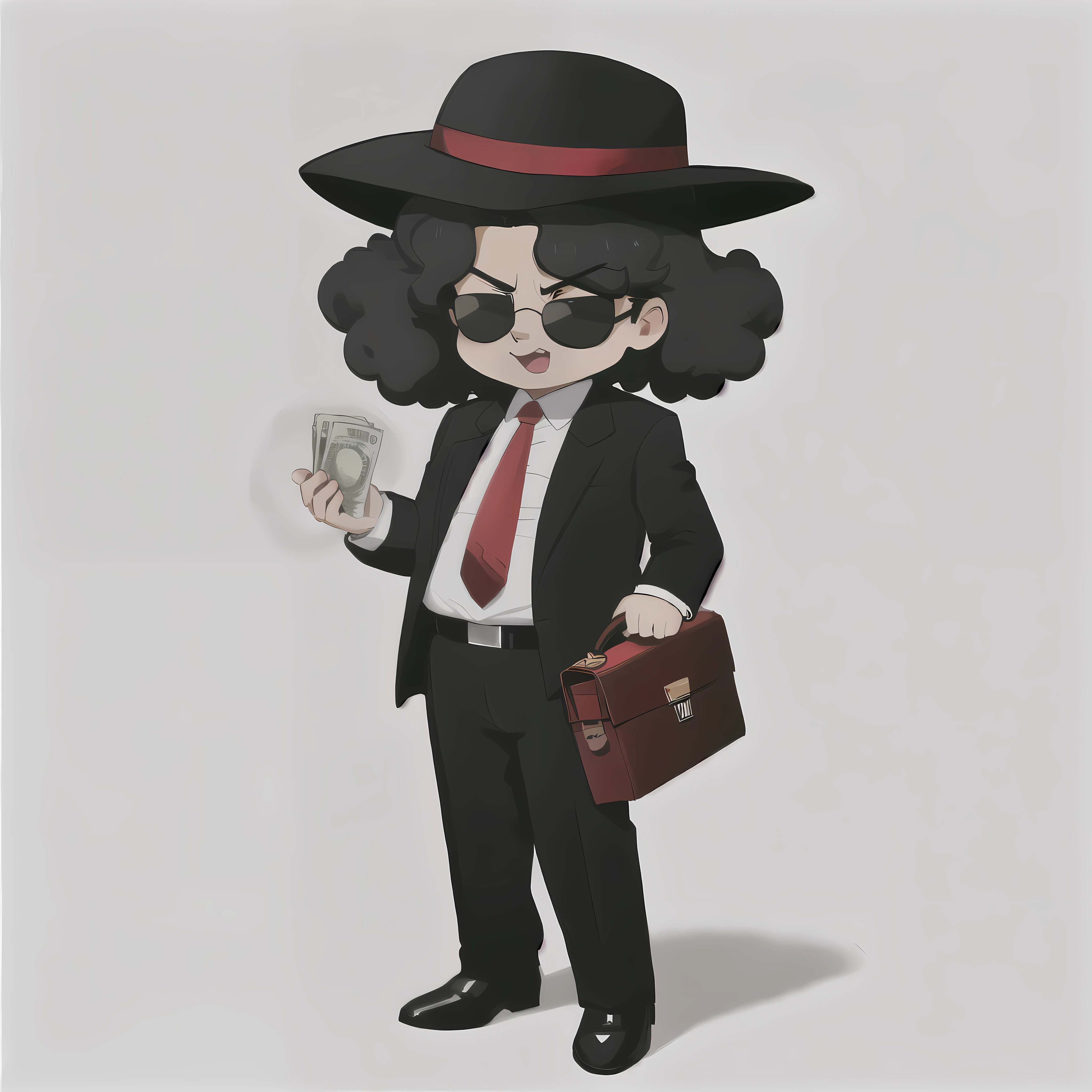 Draw a Cartoon-style character inspired by a mysterious salesman. He must wear a wide-brimmed black hat with a white stripe, sunglasses, have voluminous afro hair, and a black suit with a red shirt. Include a yellow tie and a gray briefcase in your hands. The character must have a confident and charismatic expression smiling, similar to Michael Jackson, Hand holding money