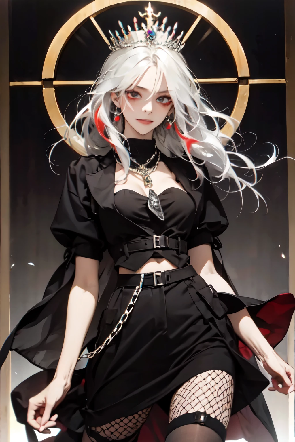 (masterpiece, best quality:1.2), 1girl, solo , emel , fishnet legwear , pantyhose , chain , midriff , black eyes , , O-ring , thigh strap , leg belt , black and white hair , 2 coloured hair , strap cloth , black hair , white hair ,  , flower , palace , asymmetrical dress , smirk , grin , red hair , teeth , smile , long hair , multi colour outfit , jewellery , from below , crown , hair ornament , 