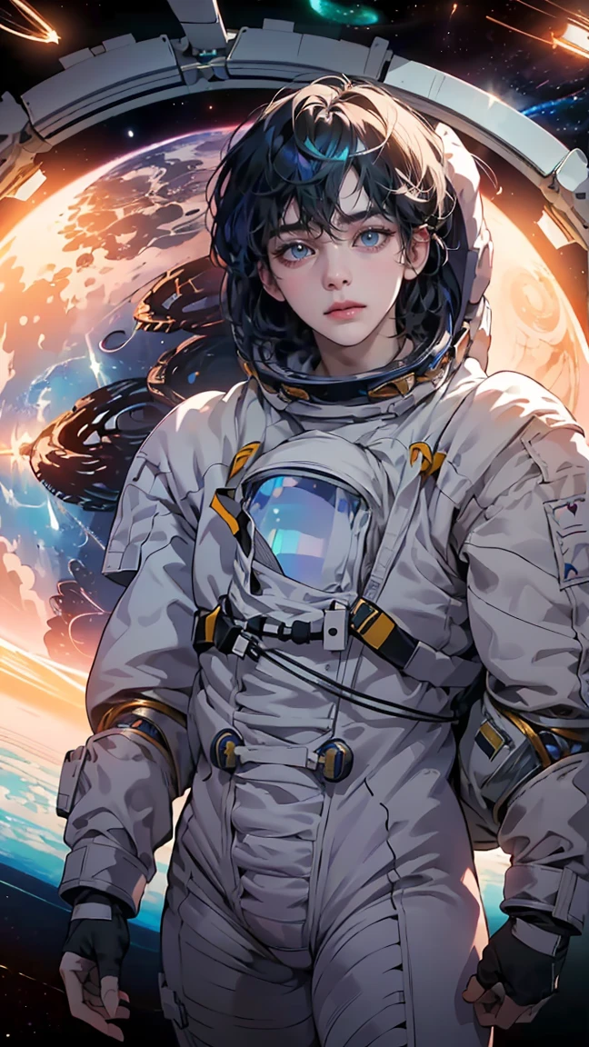 (Ultra-futuristic design spacesuit)、Create ultra-detailed and futuristic images of beauty astronauts,(Innovative design of the spacesuit) 、(((((A spacesuit with a body line)))))、26 year old、(((A slender)))、Earth Eye、((((((Photorealsitic)))))、high-level image quality、Raw photo、8K、((((Iridescent inner hair)))、((((((Work in space))))))、A futuristic space city is in the background、red blush、Shy、seductived faced
