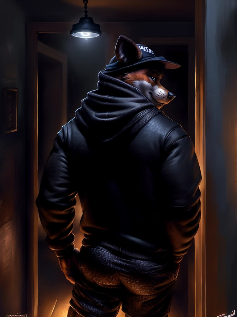 by personalami, by place, by kenket, by taran violinist, male, alone, antro (fox), (fnaf), (sly), Adult, Photorealistic, Hyper realistic, ultra-detailed, natural pose, (muscular, burly), (( run)), ((safety short hoodie:1.2)), (furry), ((butt view)), (detailed background, hallway), ((mature male)), father figure, mature male, hunk , daddy, dilf, ((highly detailed clothing)), ((Highly detailed tail)), ((from behind)), ((highly detailed skin texture)), ((highly detailed hands)), ((highly detailed hands) well drawn)), ((down hoodie)), ((very detailed lighting)), ((natural lighting)), ((black boxers)), ((security guard cap)), ((Night )), ((dark)) A semi-medium long flaccid penis with foreskin visible, testicles,
