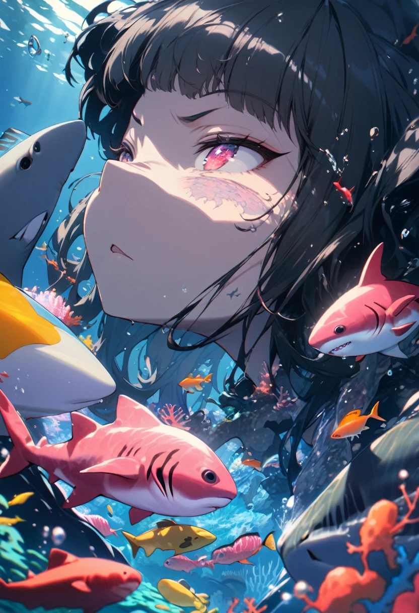 Highest quality, Super quality, 16K, Incredibly absurd, Very detailed, 2.5D, delicate and dynamic, aquarium, Large sink, Colorful Coral, Small faint light and small fish, shark, In the water, under the sea, , , , Small face, Extremely delicate facial expression, Delicate eye depiction, Upper body close-up, erotic, shark monster girl, sole sexy shark, healthy shaped body, huge firm bouncing busts, 