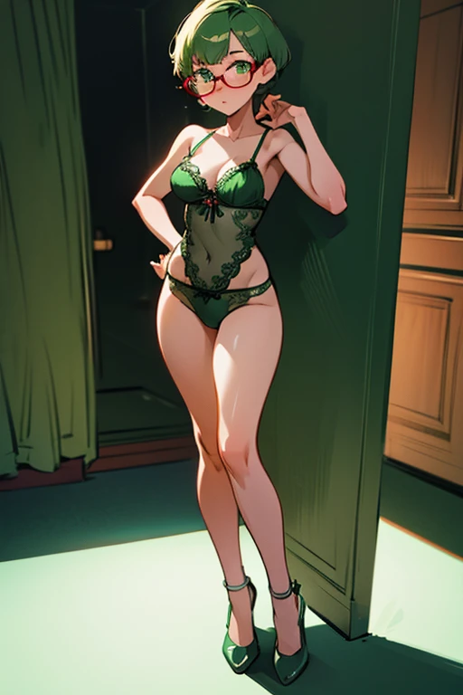 Really embarrassed girl with  green  short  hair and glasses,  in sexy whithe  lingerie, trying to covering itself ,full body  ashamed pose