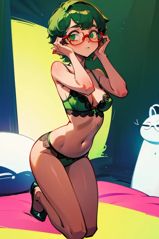 Really embarrassed girl with  green  short  hair and glasses,  in sexy whithe  lingerie, trying to covering itself ,full body  ashamed pose